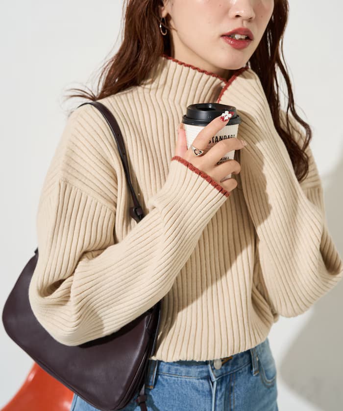 配色線條肋針織衫高領套頭衫【限定展開】