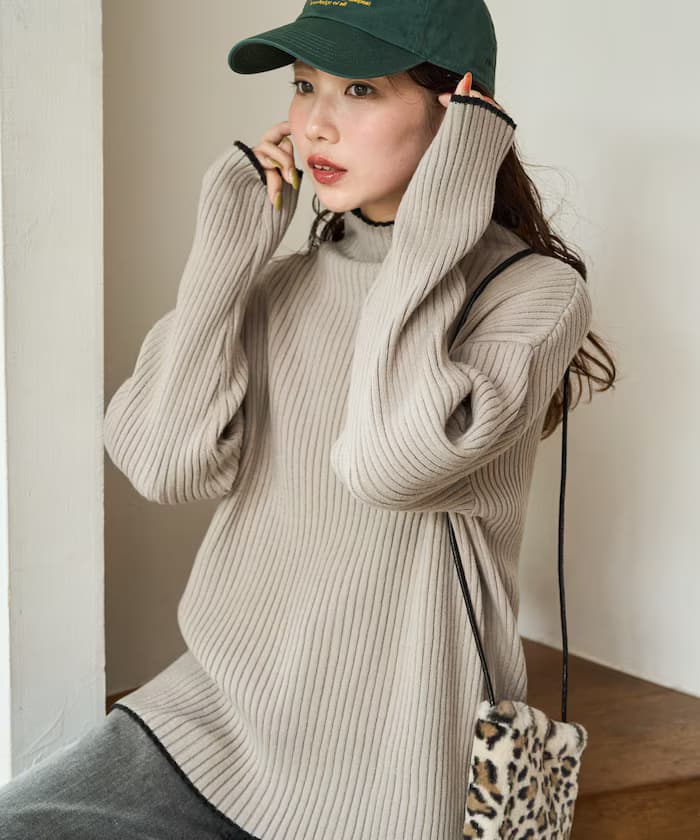 配色線條肋針織衫高領套頭衫【限定展開】