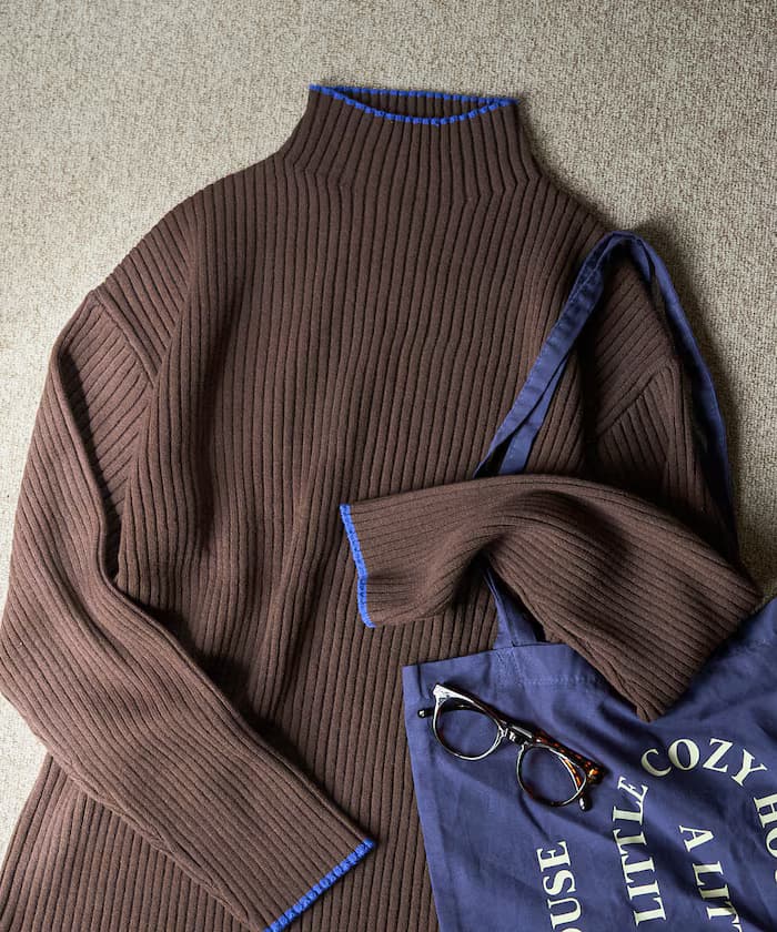 配色線條肋針織衫高領套頭衫【限定展開】