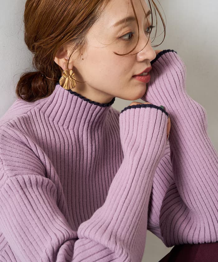 配色線條肋針織衫高領套頭衫【限定展開】