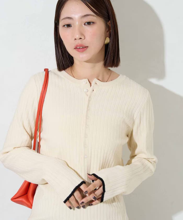 吸濕發熱肋條針織衫鈕扣亨利領套頭衫【限定展開】