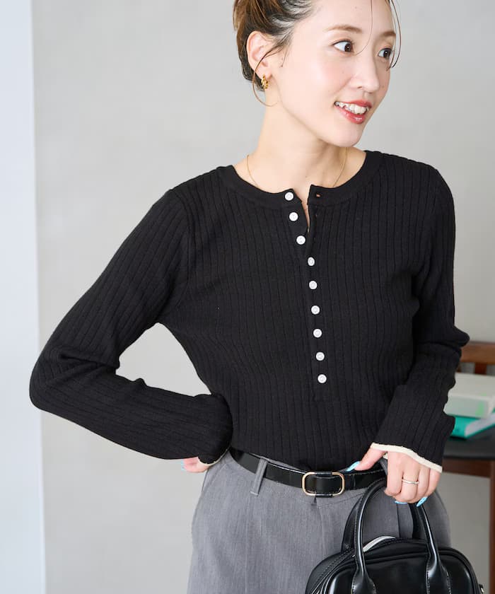 吸濕發熱肋條針織衫鈕扣亨利領套頭衫【限定展開】