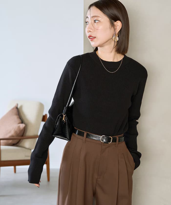 吸濕發熱肋條圓領針織衫套頭衫【限定展開】