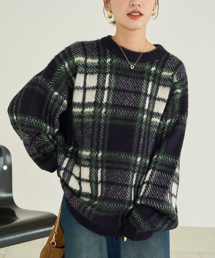 寬版格紋針織衫套頭衫【限定展開】