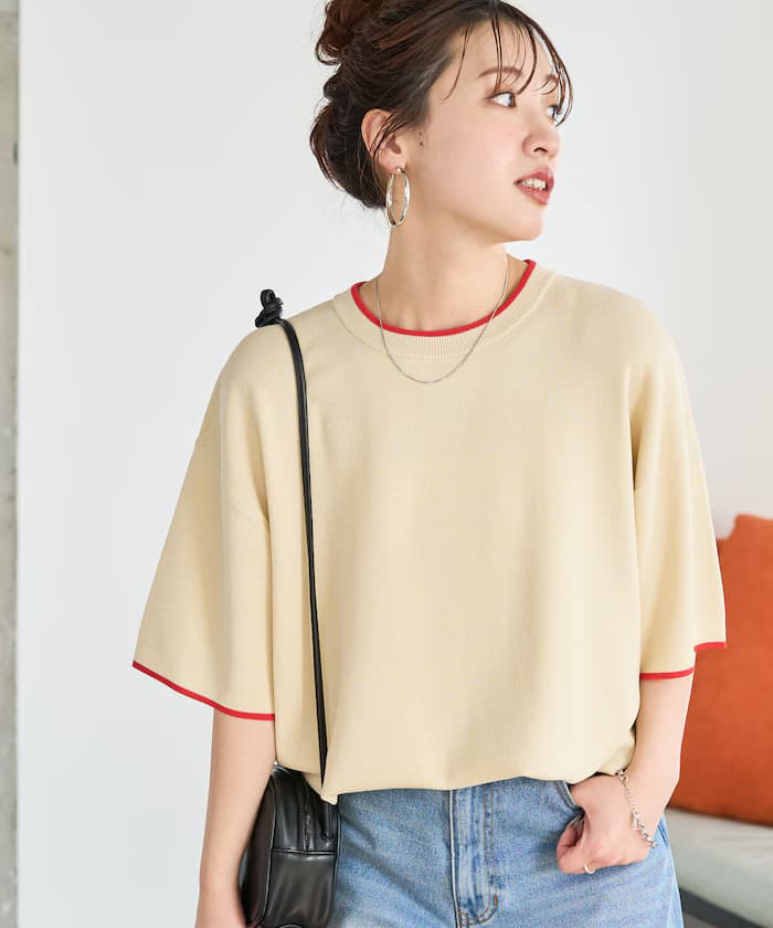 配色線條半袖針織TEE【限定展開】