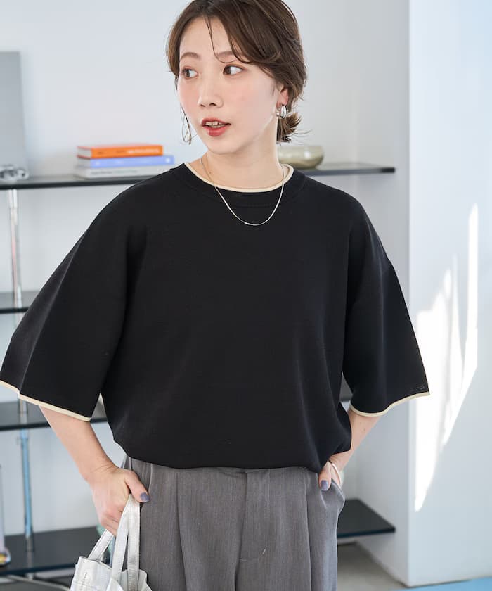 配色線條半袖針織TEE【限定展開】