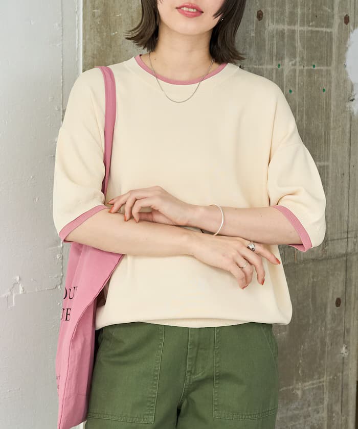 涼感配色分層半袖針織套頭衫【限定展開】