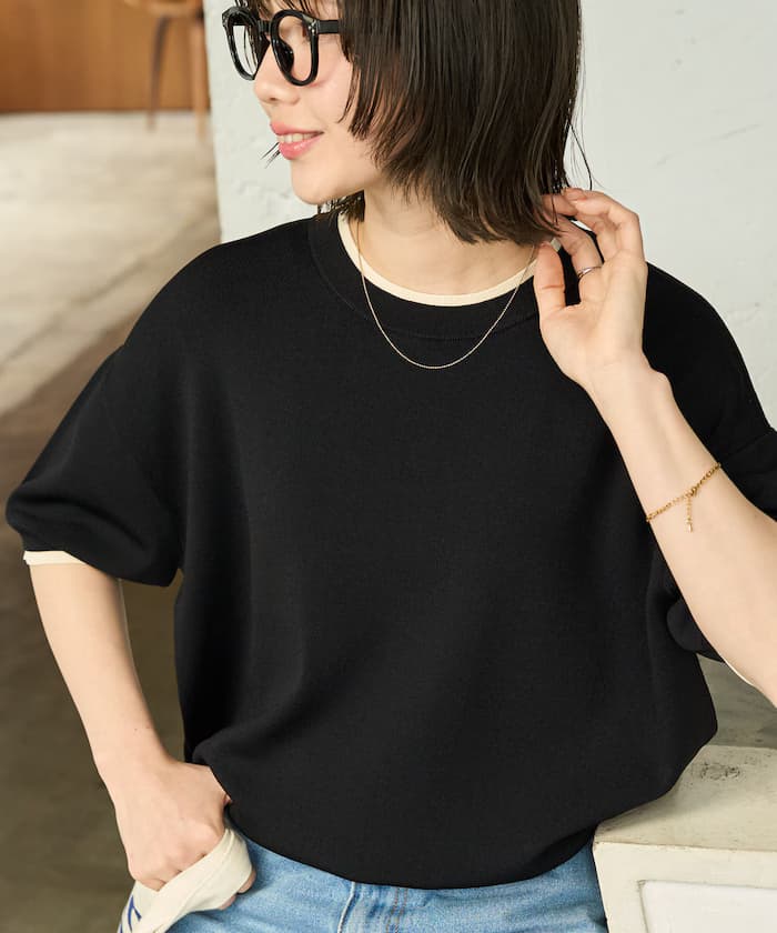 涼感配色分層半袖針織套頭衫【限定展開】