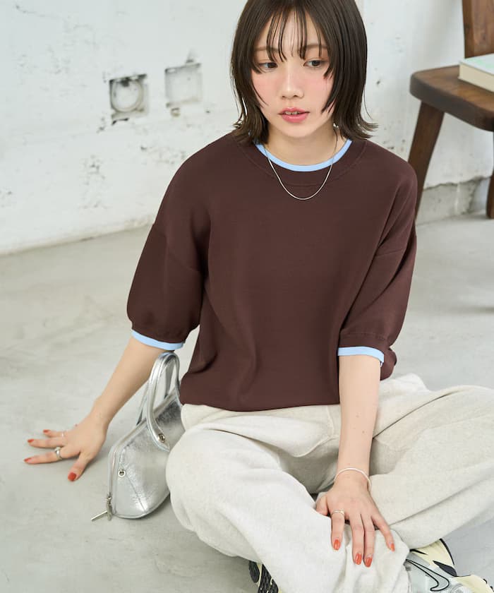 涼感配色分層半袖針織套頭衫【限定展開】