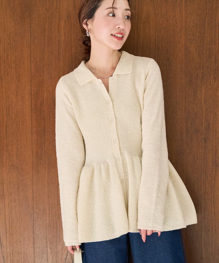 襟付亮片荷葉邊針織開衫【限定展開】