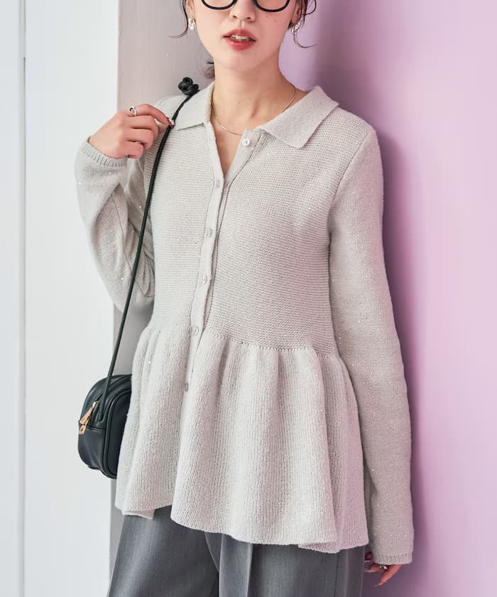 襟付亮片荷葉邊針織開衫【限定展開】