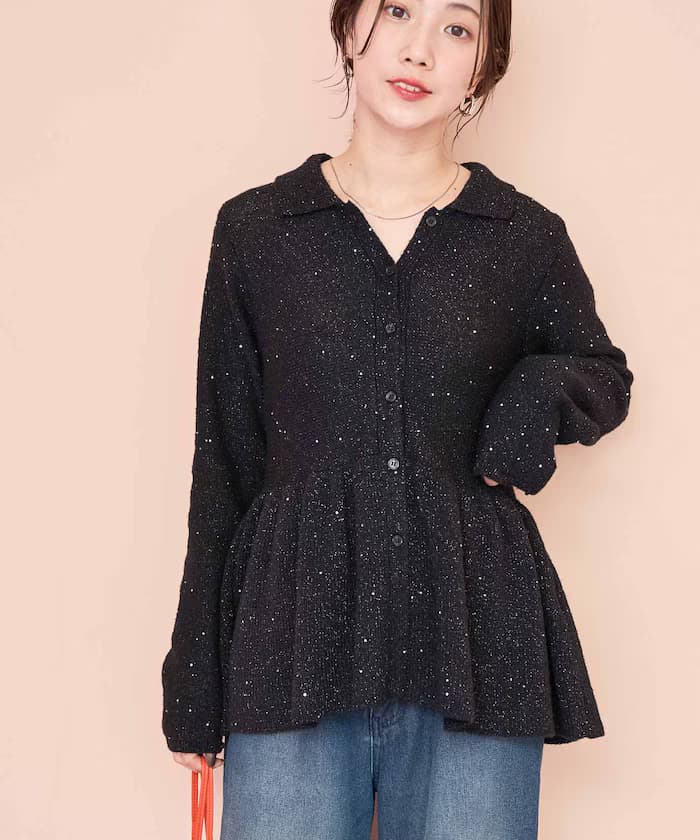 襟付亮片荷葉邊針織開衫【限定展開】