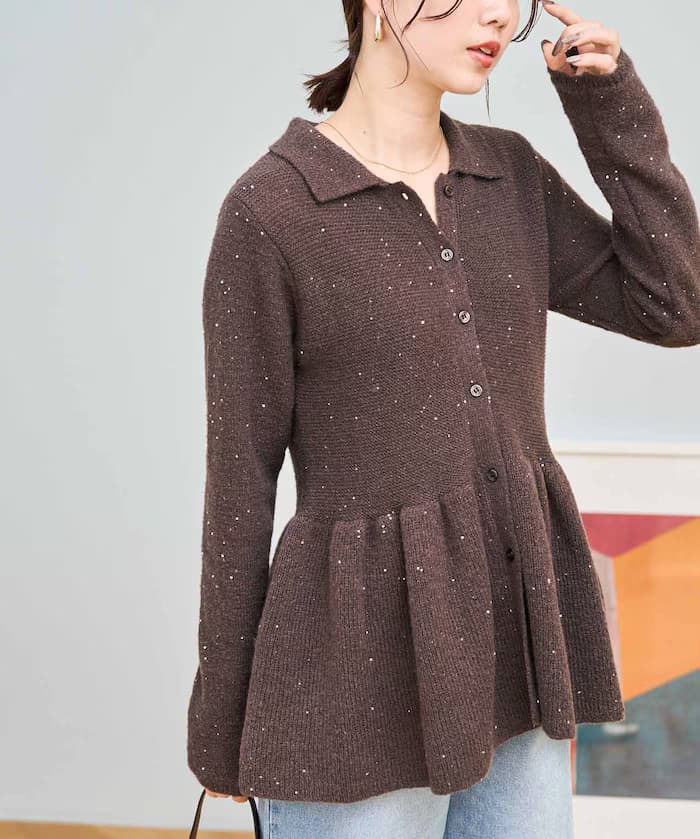 襟付亮片荷葉邊針織開衫【限定展開】