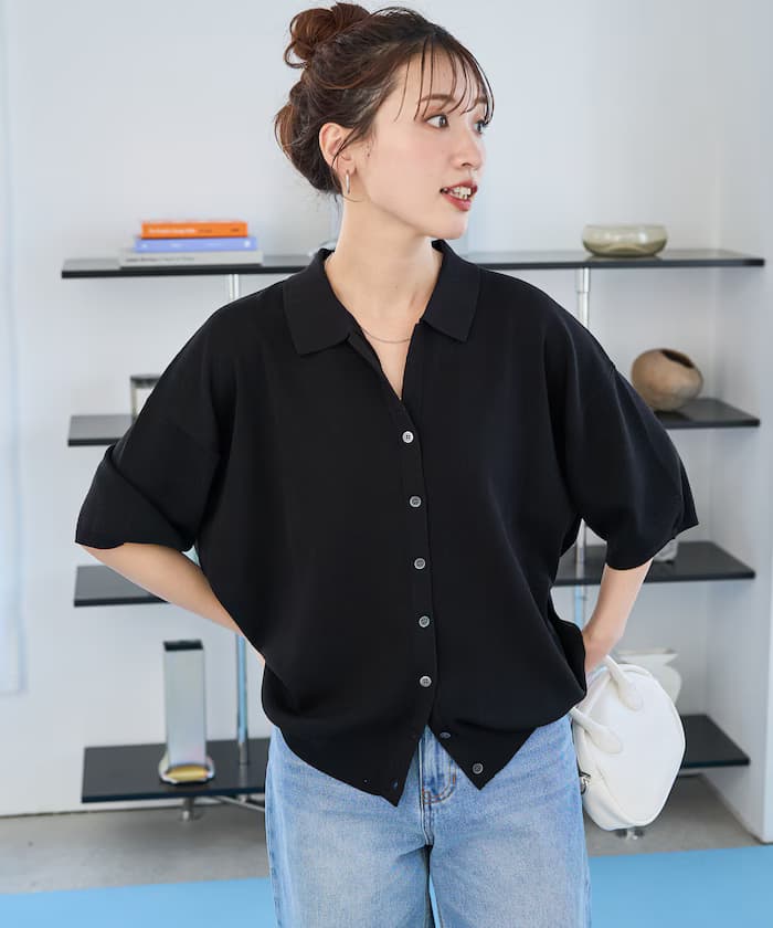 馬球領半袖針織鈕扣針織開衫【限定展開】