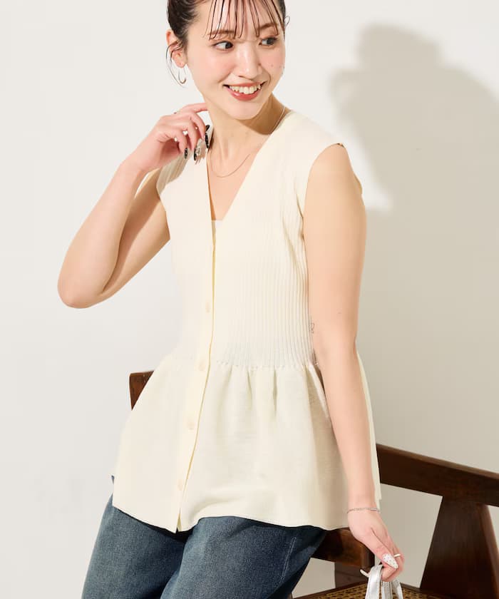 サマー針織衫 ペプラム ノースリーブ 鈕扣 背心【限定展開】