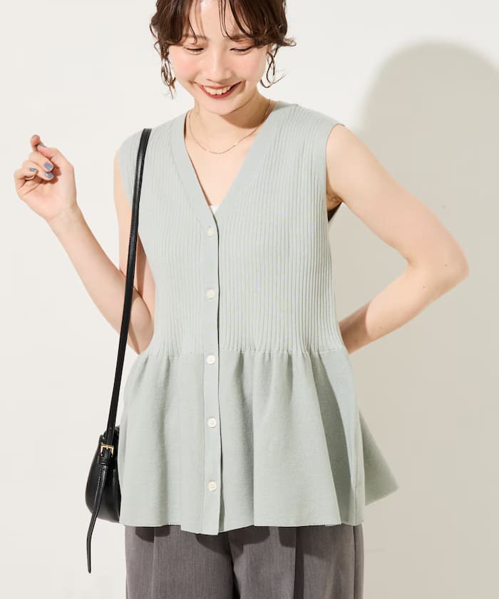 サマー針織衫 ペプラム ノースリーブ 鈕扣 背心【限定展開】