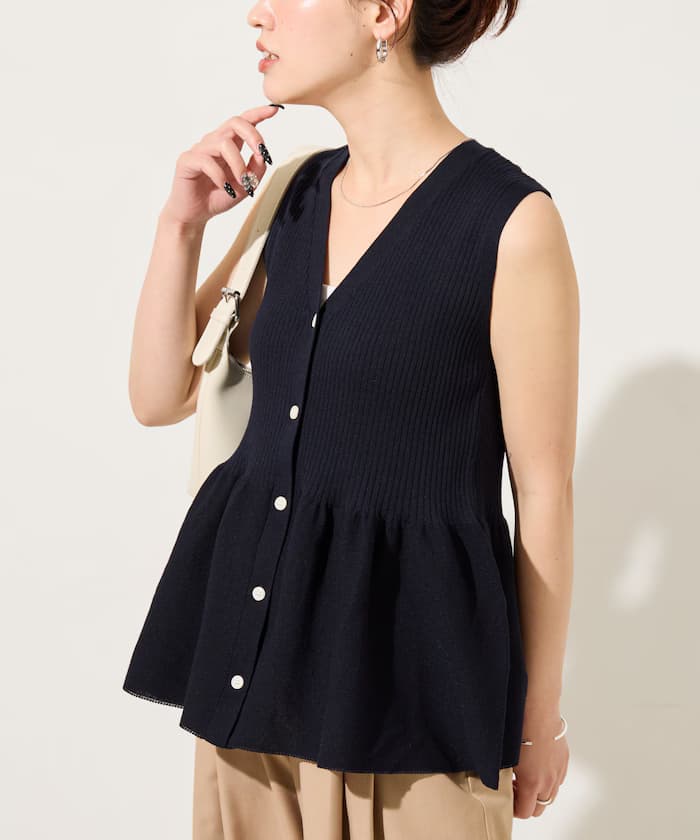 サマー針織衫 ペプラム ノースリーブ 鈕扣 背心【限定展開】