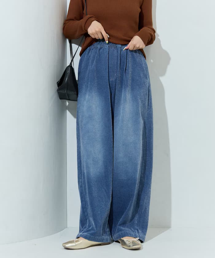 香緹絨丹寧微起毛鬆緩褲子【限定展開】