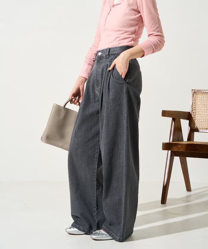 2打褶直筒丹寧褲子【限定展開】