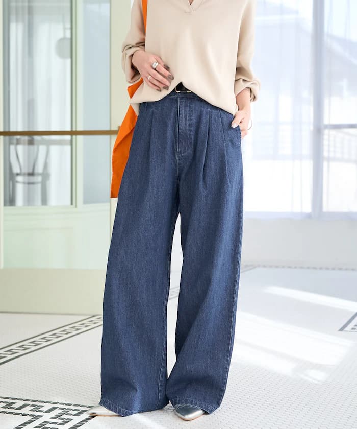 2打褶直筒丹寧褲子【限定展開】