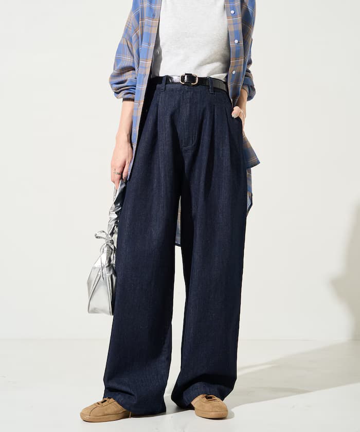 2打褶直筒丹寧褲子【限定展開】