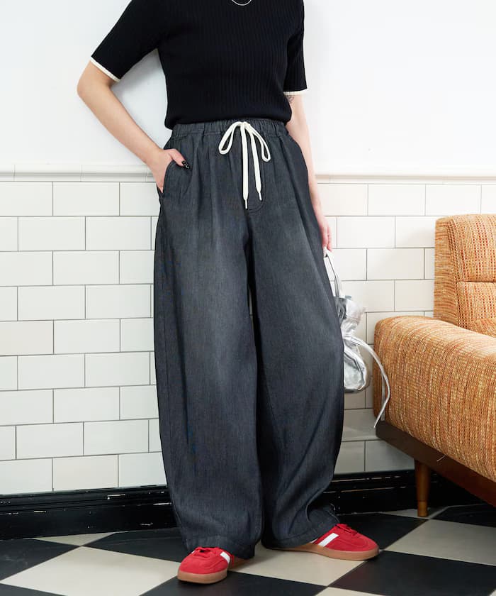 網眼丹寧鬆緊褲子(冷感・吸水速乾)