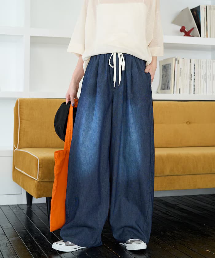 網眼丹寧鬆緊褲子(冷感・吸水速乾)