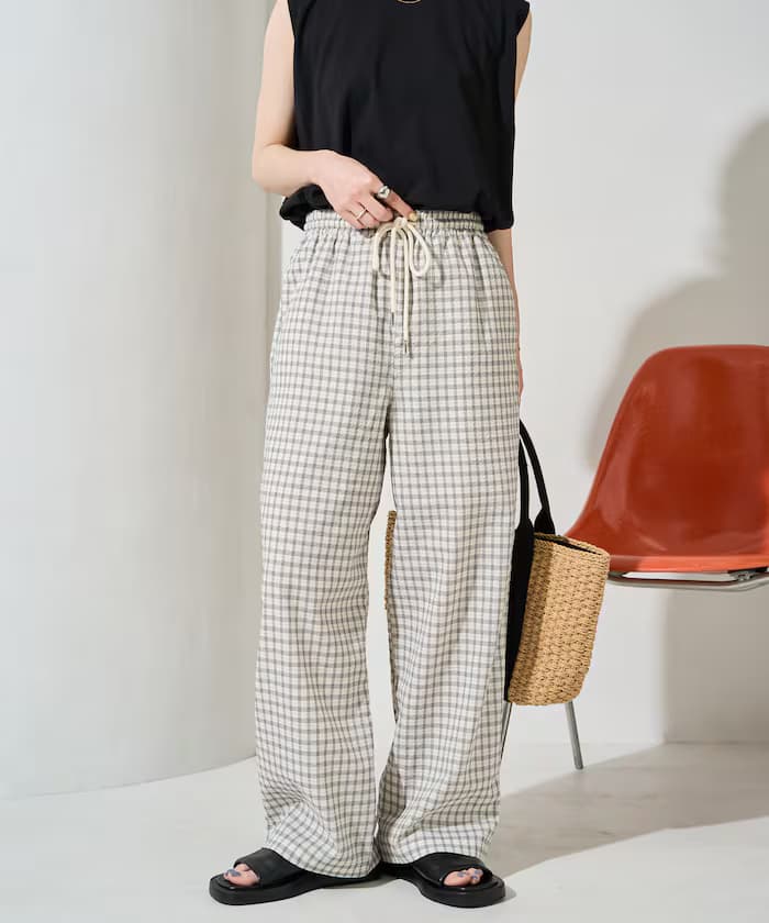 凹凸格紋 鬆緊 寬版褲子【限定款】