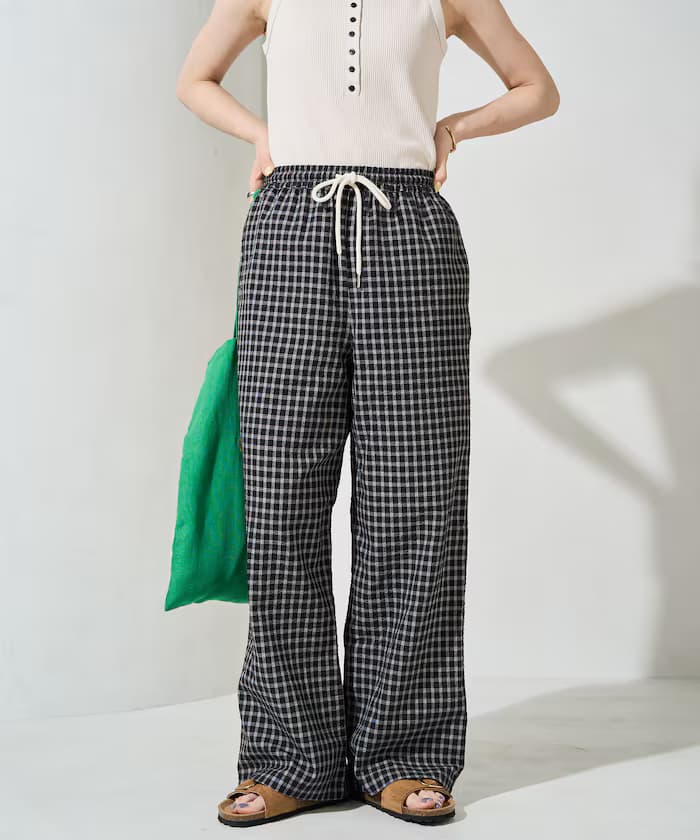 凹凸格紋 鬆緊 寬版褲子【限定款】