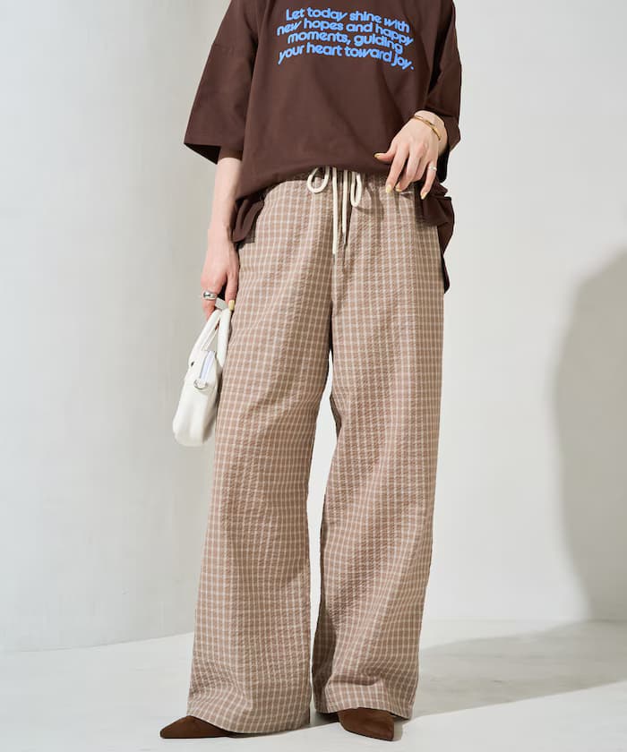 凹凸格紋 鬆緊 寬版褲子【限定款】