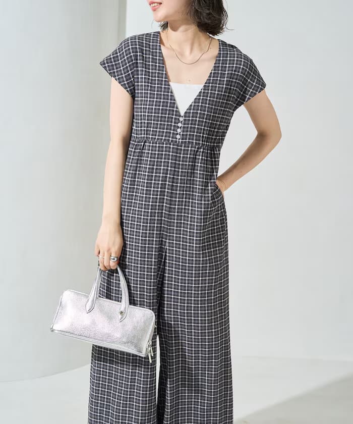 格紋 鈕扣 オールインワン【限定展開】