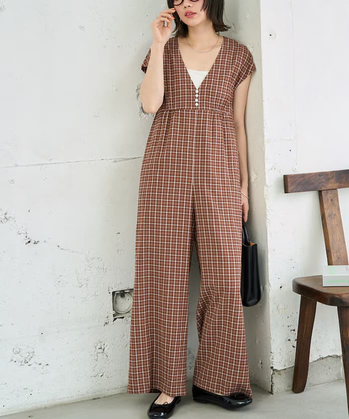 格紋 鈕扣 オールインワン【限定展開】