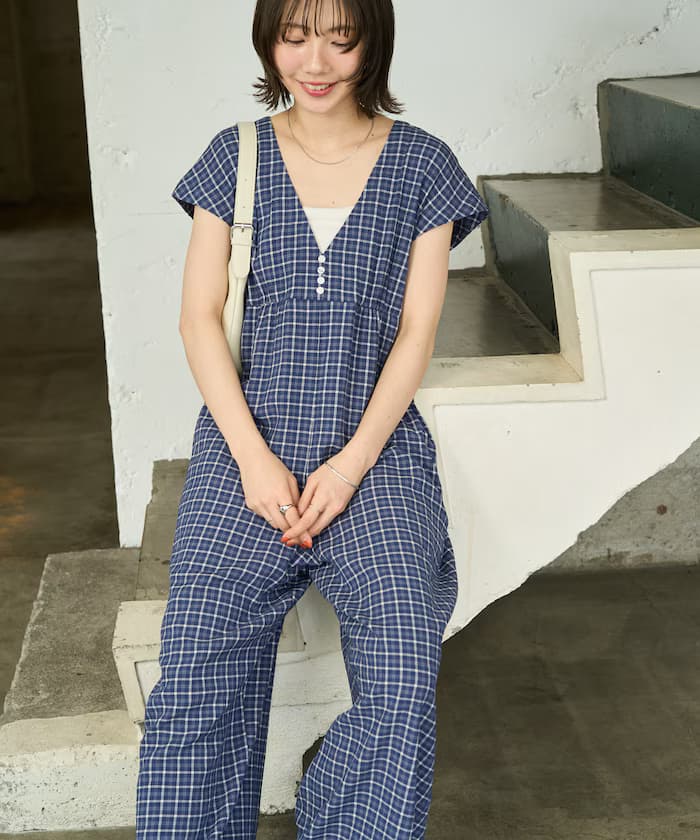 格紋 鈕扣 オールインワン【限定展開】