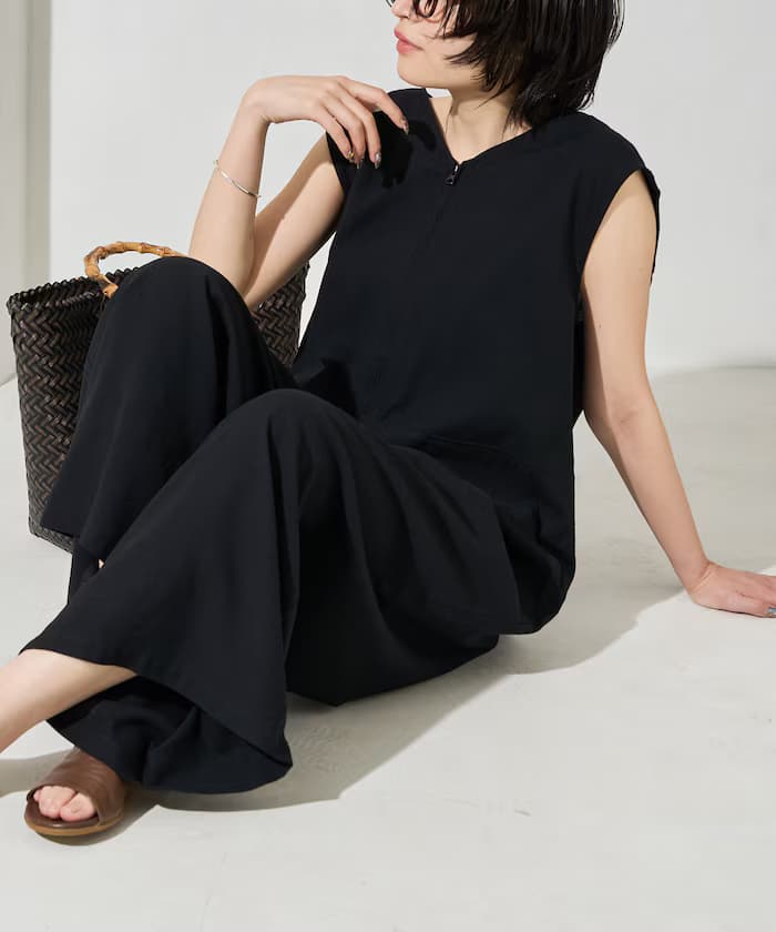 亞麻混紡 V領 連身褲【限定款】