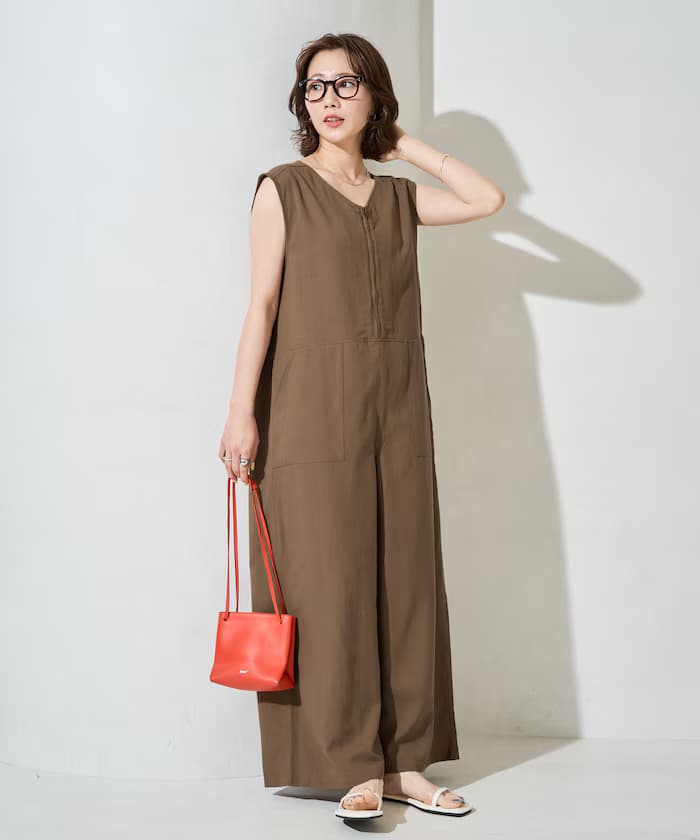 亞麻混紡 V領 連身褲【限定款】
