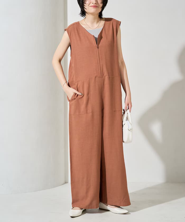 亞麻混紡 V領 連身褲【限定款】