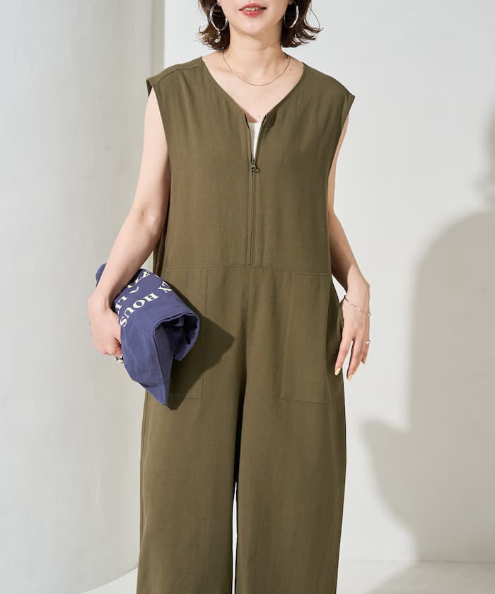 亞麻混紡 V領 連身褲【限定款】