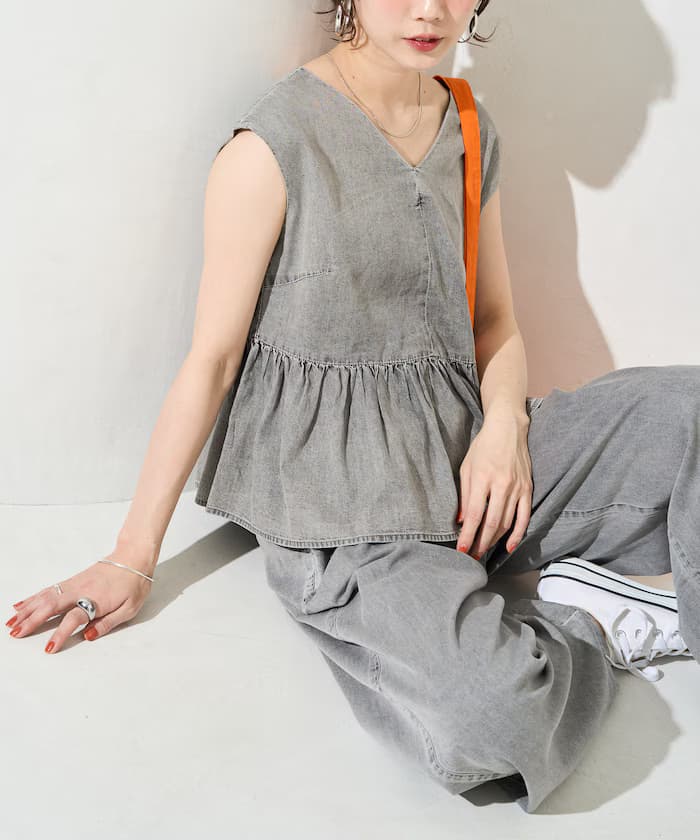 嫘蕢丹寧無袖套裝(罩衫・鬆緊褲子)【限定展開】