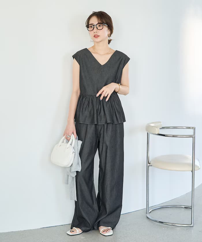 嫘蕢丹寧無袖套裝(罩衫・鬆緊褲子)【限定展開】