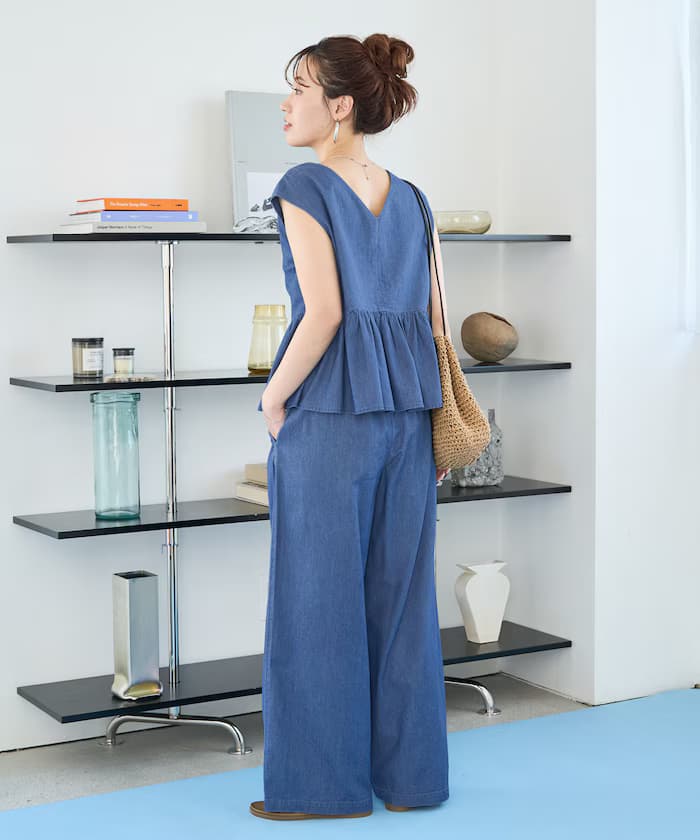 嫘蕢丹寧無袖套裝(罩衫・鬆緊褲子)【限定展開】