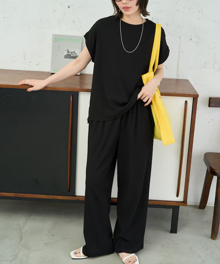 高捻度法式短袖套裝組合(T恤・寬版褲子)【限定展開】