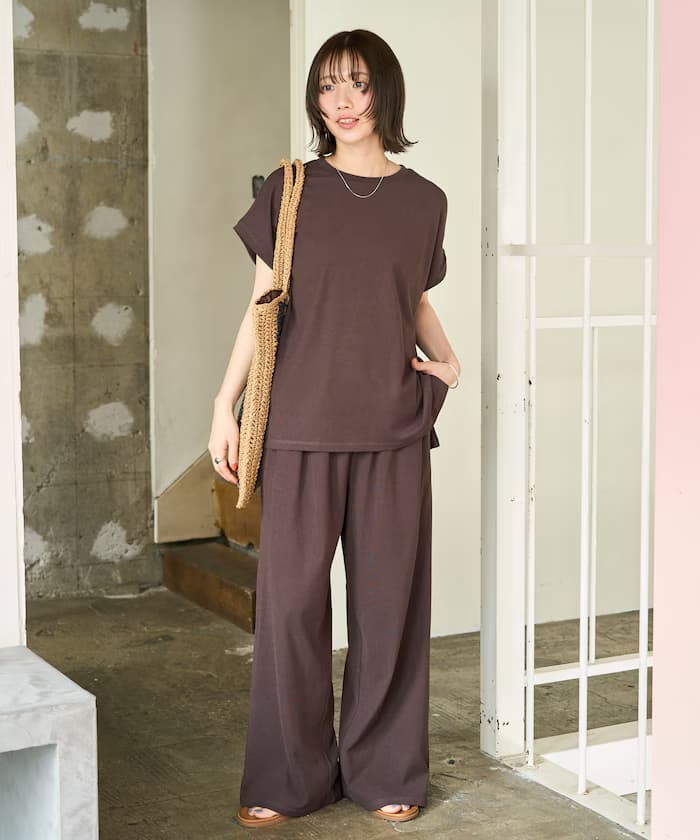 高捻度法式短袖套裝組合(T恤・寬版褲子)【限定展開】