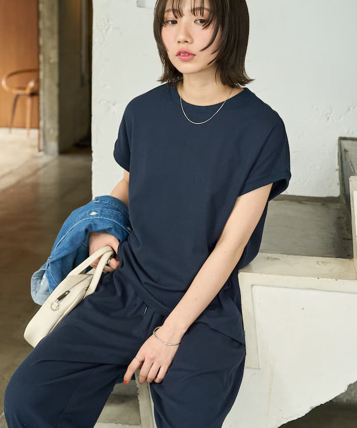 高捻度法式短袖套裝組合(T恤・寬版褲子)【限定展開】