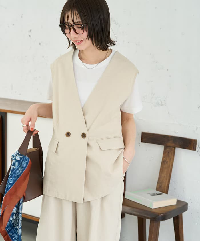 <セットアップ対応>サマー 亞麻 ブレンド ノーカラー 背心【限定展開】
