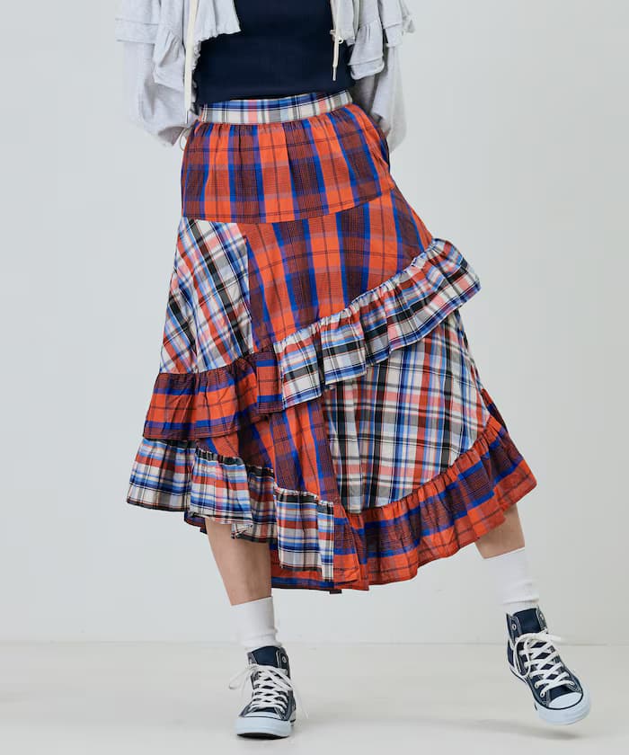 格紋拼接不對稱荷葉邊裙