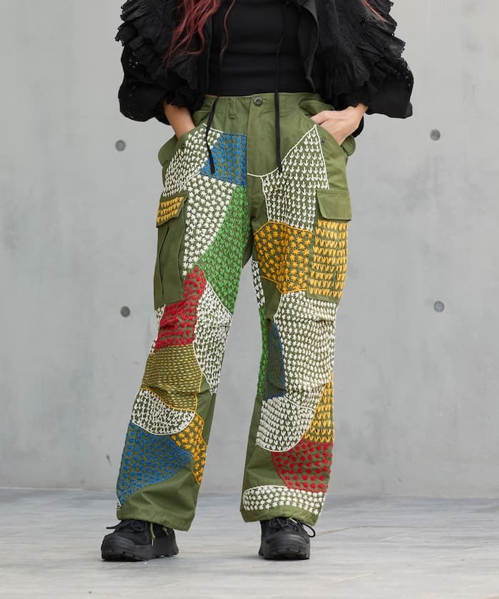Vintage手工刺繡改造軍裝風褲子