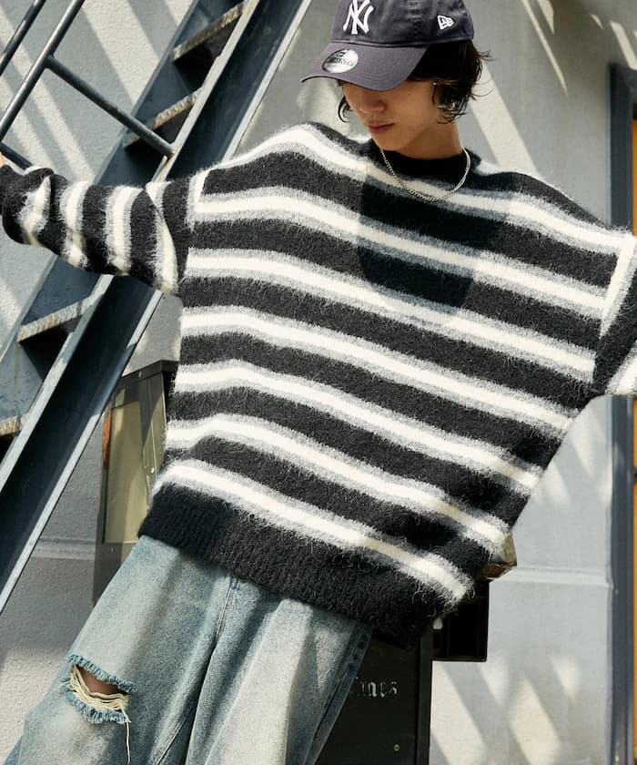毛足長橫條紋針織衫【限定展開】
