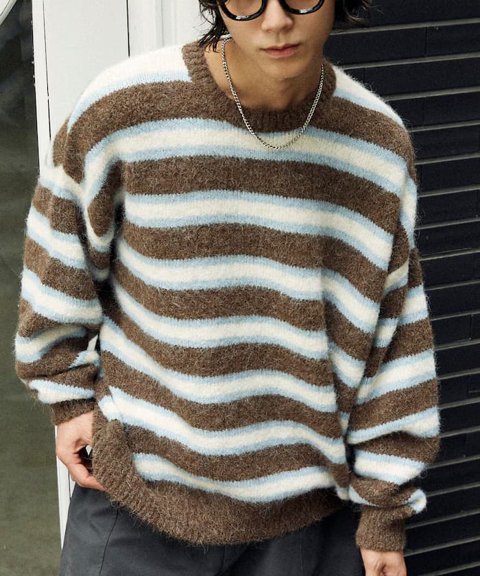 毛足長橫條紋針織衫【限定展開】