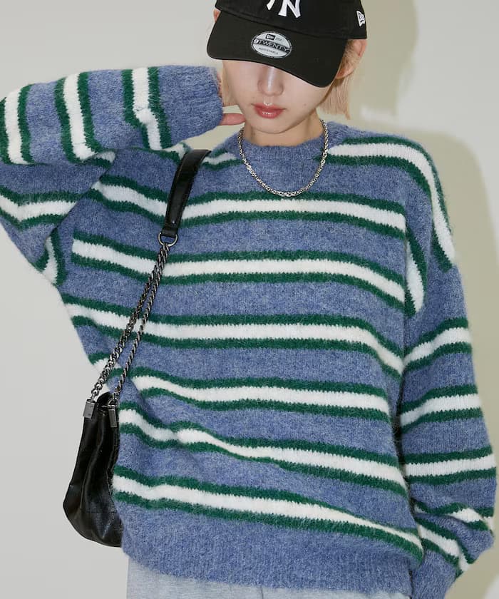 毛足長橫條紋針織衫【限定展開】