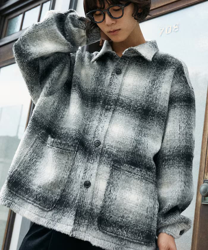 毛絨感格紋寬版外套【限定展開】